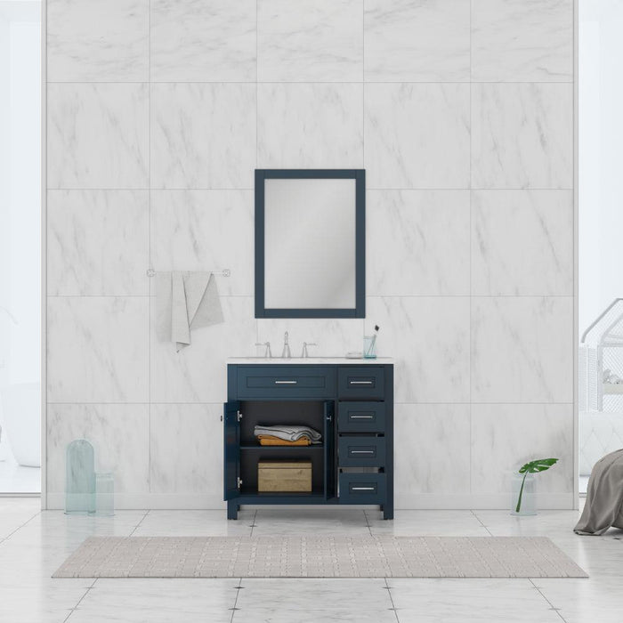 Alya Bath Norwalk 36" Single Blue Freestanding Single Bathroom Vanity With Drawers, Carrara Marble Top and Ceramic Sink and Wall Mounted Mirror