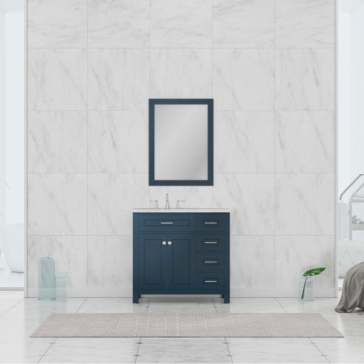 Alya Bath Norwalk 36" Single Blue Freestanding Single Bathroom Vanity With Drawers, Carrara Marble Top and Ceramic Sink and Wall Mounted Mirror