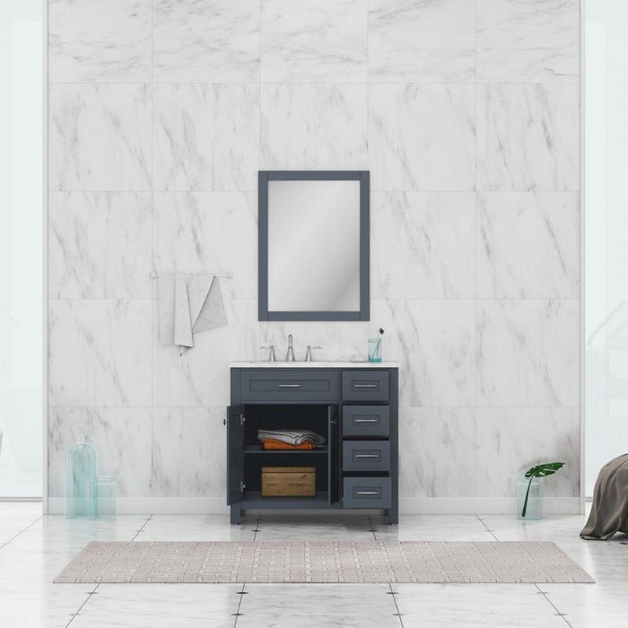 Alya Bath Norwalk 36" Single Gray Freestanding Bathroom Vanity With Drawers, Carrara Marble Top, Ceramic Sink and Wall Mounted Mirror