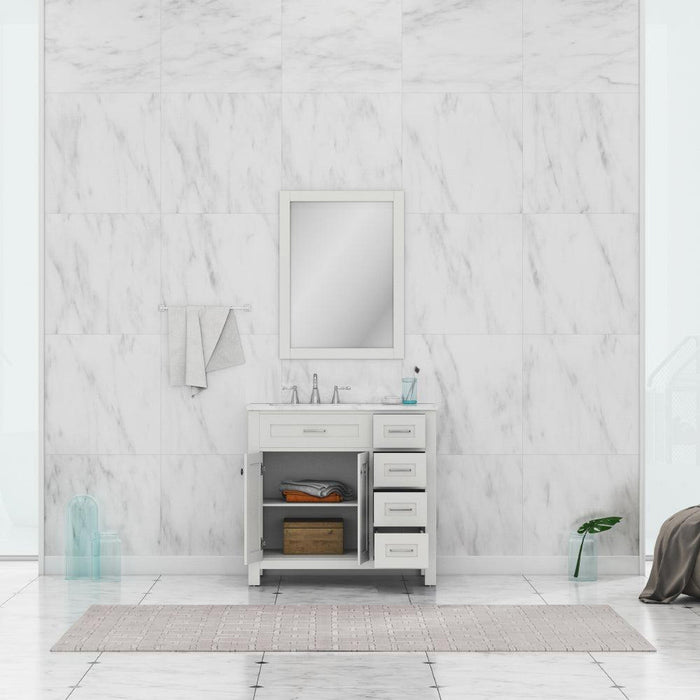 Alya Bath Norwalk 36" Single White Freestanding Bathroom Vanity With Drawers, Carrara Marble Top and Ceramic Sink and Wall Mounted Mirror