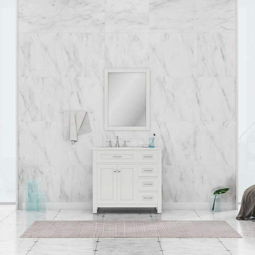 Alya Bath Norwalk 36" Single White Freestanding Bathroom Vanity With Drawers, Carrara Marble Top and Ceramic Sink and Wall Mounted Mirror