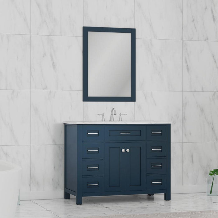 Alya Bath Norwalk 42" Single Blue Freestanding Bathroom Vanity With Carrara Marble Top, Ceramic Sink and Wall Mounted Mirror