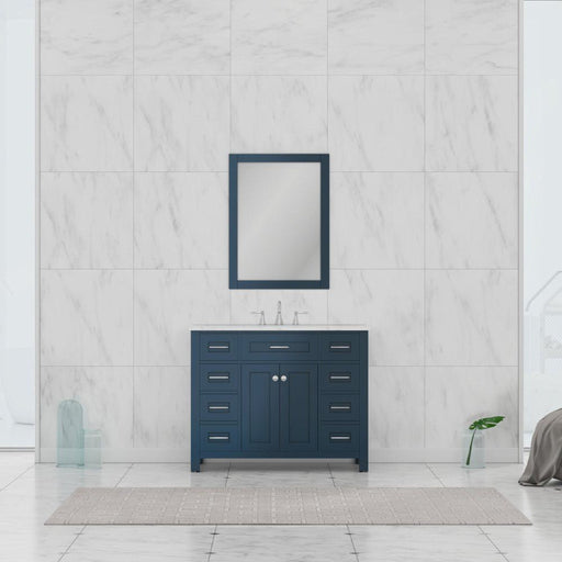 Alya Bath Norwalk 42" Single Blue Freestanding Bathroom Vanity With Carrara Marble Top, Ceramic Sink and Wall Mounted Mirror