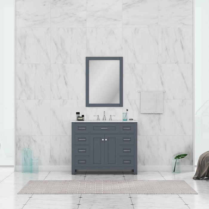 Alya Bath Norwalk 42" Single Gray Freestanding Bathroom Vanity With Carrara Marble Top, Ceramic Sink and Wall Mounted Mirror