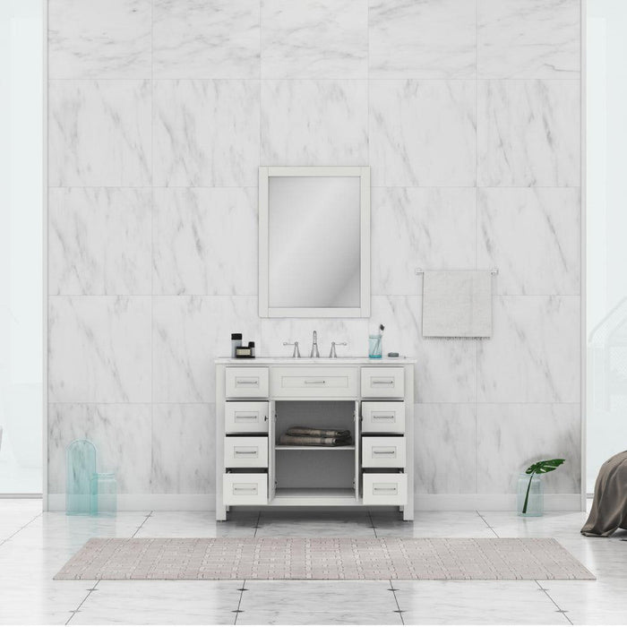 Alya Bath Norwalk 42" Single White Freestanding Bathroom Vanity With Carrara Marble Top, Ceramic Sink and Wall Mounted Mirror