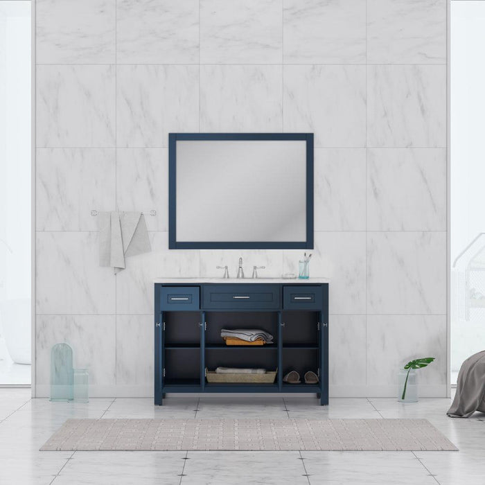 Alya Bath Norwalk 48" Single Blue Freestanding Bathroom Vanity With Carrara Marble Top, Ceramic Sink and Wall Mounted Mirror