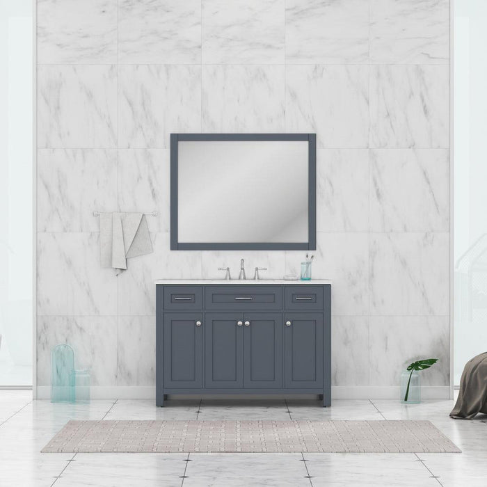 Alya Bath Norwalk 48" Single Gray Freestanding Bathroom Vanity With Carrara Marble Top, Ceramic Sink and Wall Mounted Mirror
