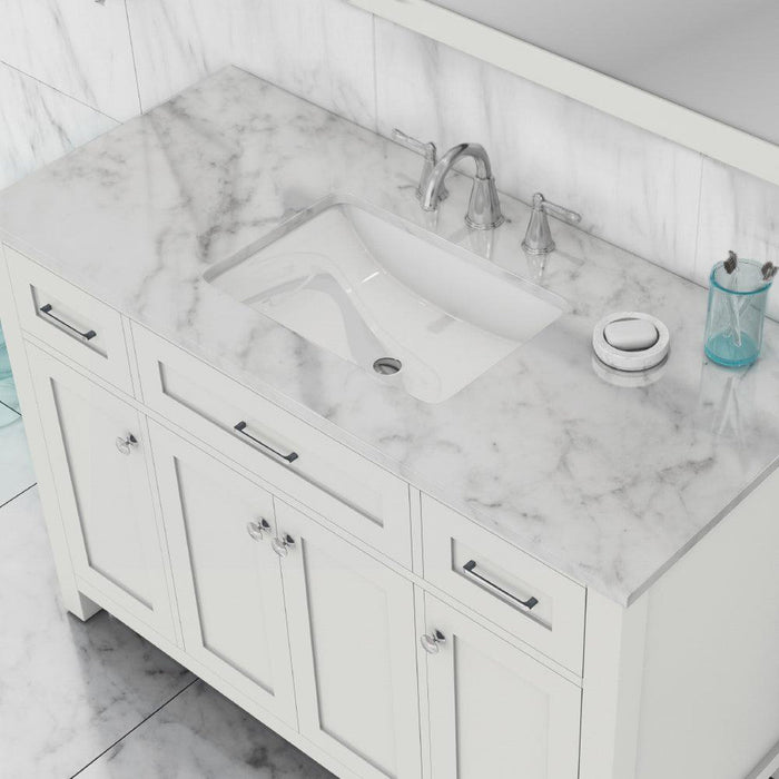 Alya Bath Norwalk 48" Single White Freestanding Bathroom Vanity With Carrara Marble Top, Ceramic Sink and Wall Mounted Mirror