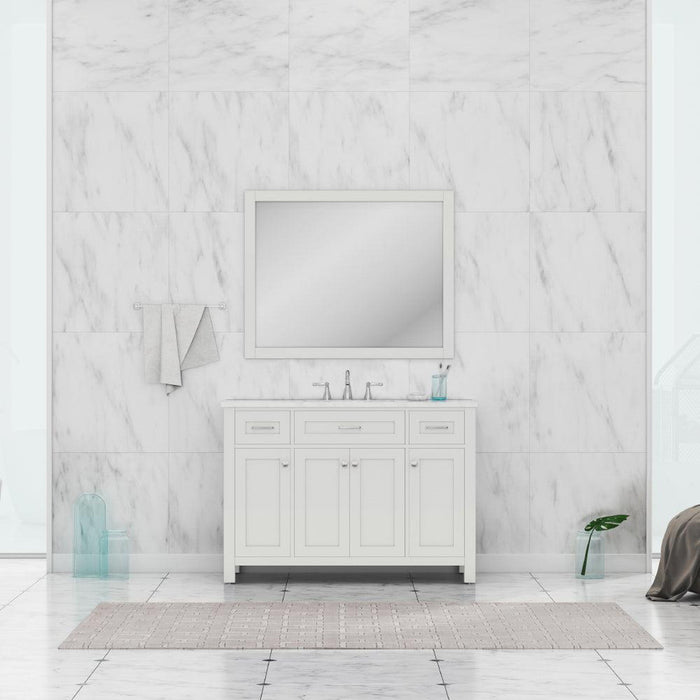 Alya Bath Norwalk 48" Single White Freestanding Bathroom Vanity With Carrara Marble Top, Ceramic Sink and Wall Mounted Mirror