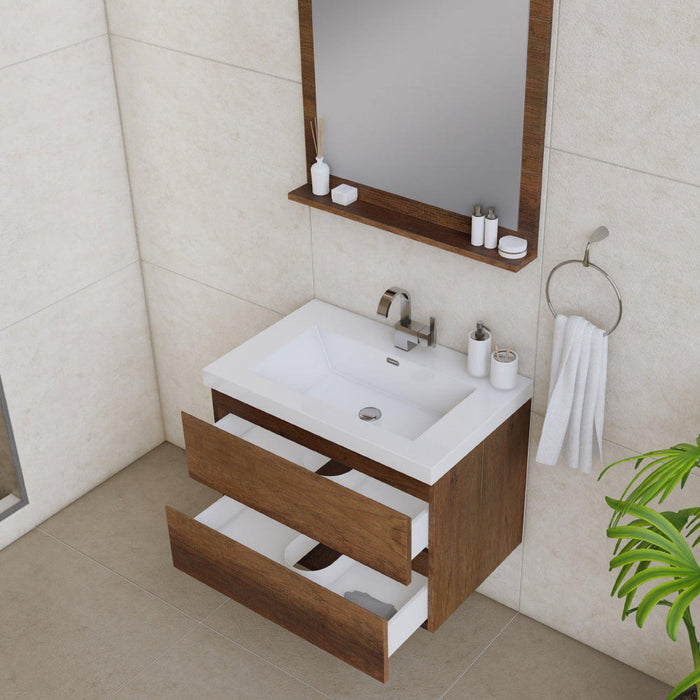 Alya Bath Paterno 30" Single Rosewood Modern Wall Mounted Bathroom Vanity With Acrylic Top and Integrated Sink