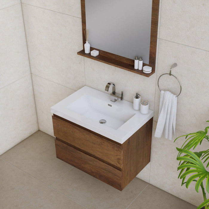 Alya Bath Paterno 30" Single Rosewood Modern Wall Mounted Bathroom Vanity With Acrylic Top and Integrated Sink