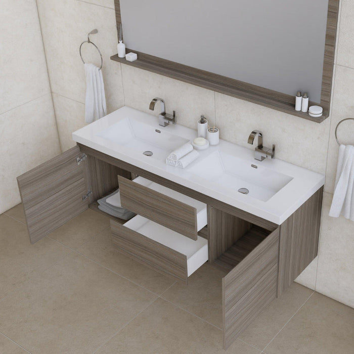 Alya Bath Paterno 60" Double Gray Modern Wall Mounted Bathroom Vanity With Acrylic Top and Integrated Sink
