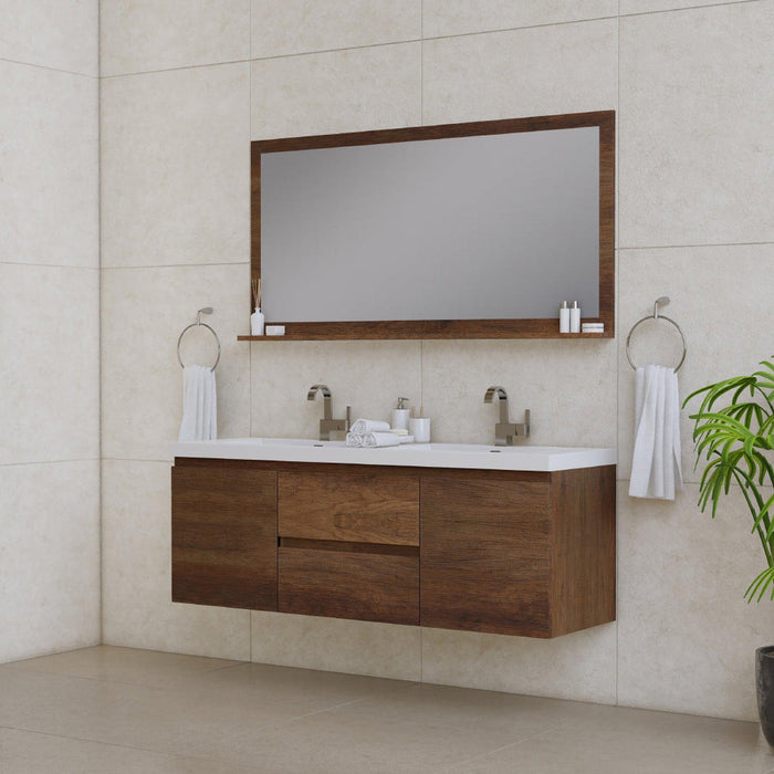 Alya Bath Paterno 60" Double Rosewood Modern Wall Mounted Bathroom Vanity With Acrylic Top and Integrated Sink