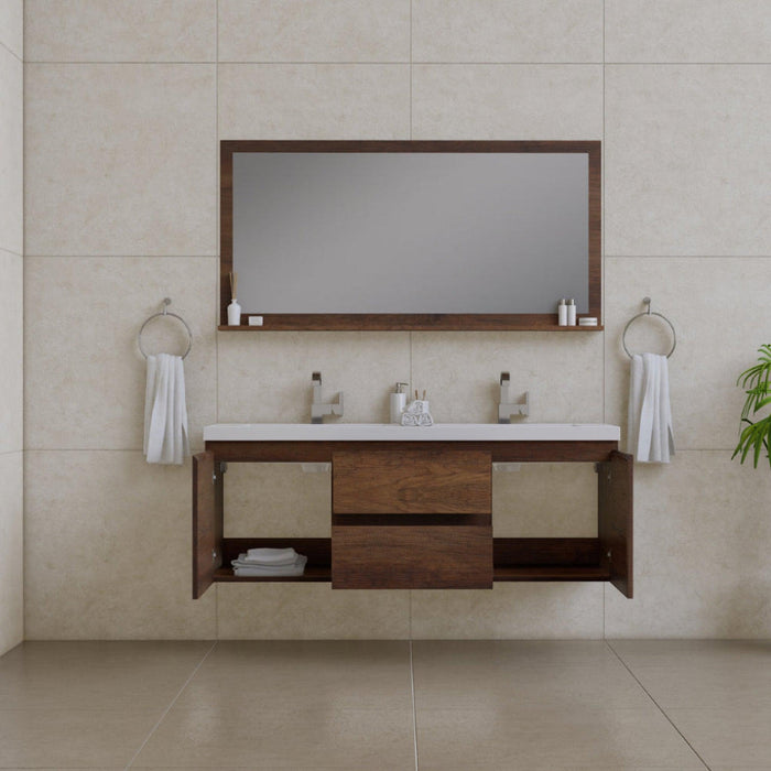 Alya Bath Paterno 60" Double Rosewood Modern Wall Mounted Bathroom Vanity With Acrylic Top and Integrated Sink