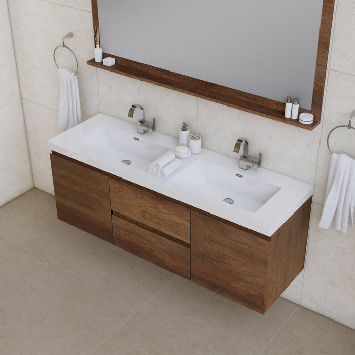 Alya Bath Paterno 60" Double Rosewood Modern Wall Mounted Bathroom Vanity With Acrylic Top and Integrated Sink