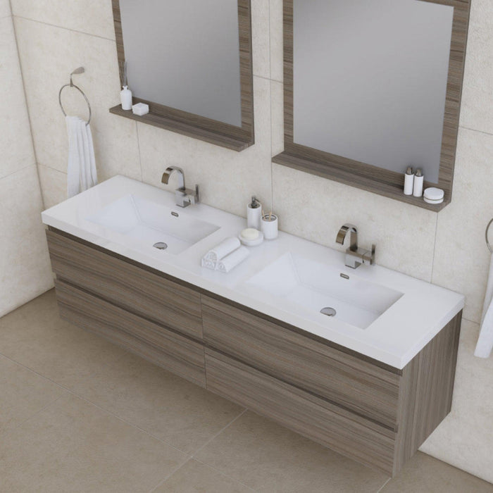 Alya Bath Paterno 72" Double Gray Modern Wall Mounted Bathroom Vanity With Acrylic Top and Integrated Sink