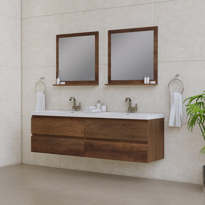 Alya Bath Paterno 72" Double Rosewood Modern Wall Mounted Bathroom Vanity With Acrylic Top and Integrated Sink