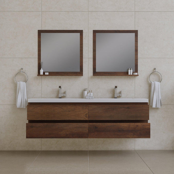 Alya Bath Paterno 72" Double Rosewood Modern Wall Mounted Bathroom Vanity With Acrylic Top and Integrated Sink