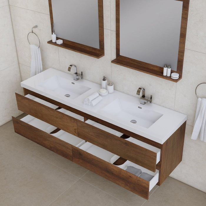 Alya Bath Paterno 72" Double Rosewood Modern Wall Mounted Bathroom Vanity With Acrylic Top and Integrated Sink