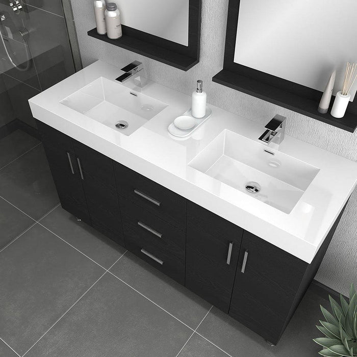 Alya Bath Ripley 59" Double Black Modern Freestanding Bathroom Vanity With Integrated Acrylic Top, Acrylic Sink and Wall Mounted Mirror