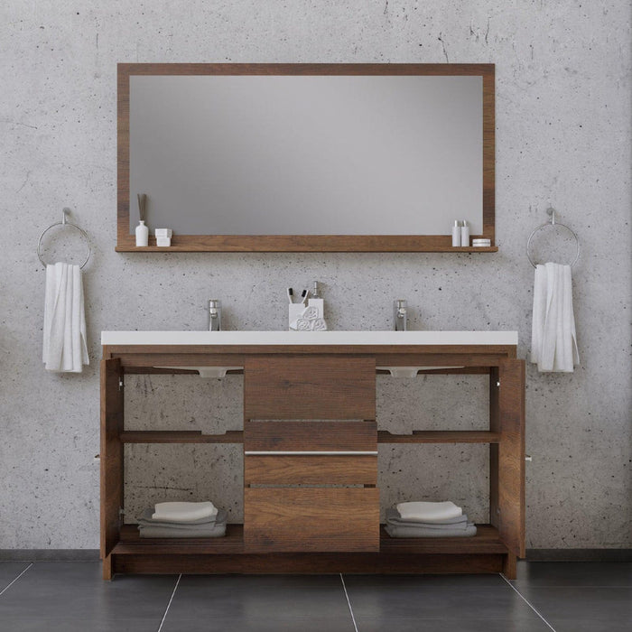Alya Bath Sortino 60" Double Rosewood Modern Freestanding Bathroom Vanity With Acrylic Top and Integrated Sink