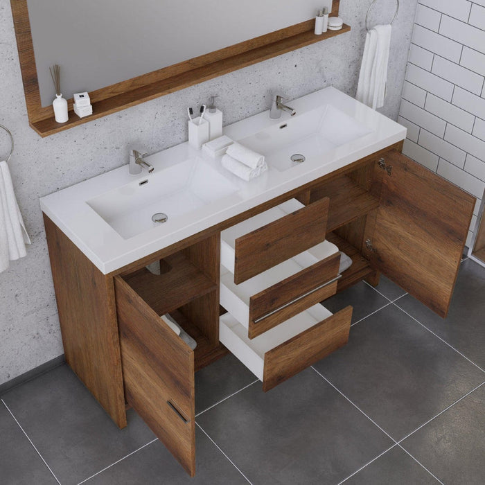 Alya Bath Sortino 60" Double Rosewood Modern Freestanding Bathroom Vanity With Acrylic Top and Integrated Sink