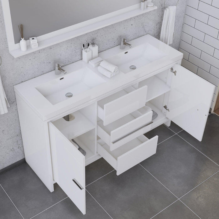 Alya Bath Sortino 60" Double White Modern Freestanding Bathroom Vanity With Acrylic Top and Integrated Sink