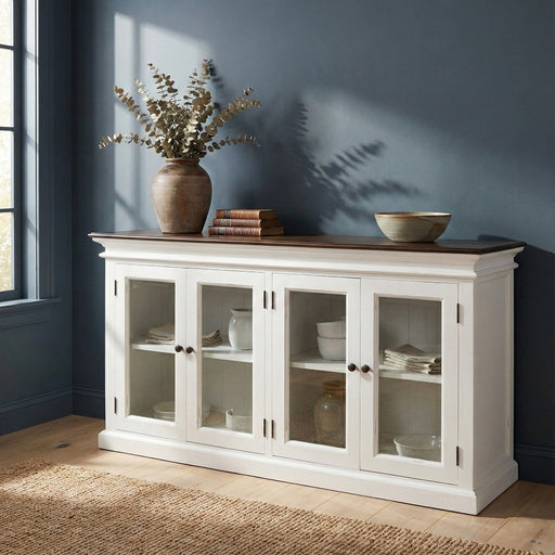 NovaSolo Halifax Accent Display Buffet with 4 Glass Doors in White Distress & Deep Brown B184TWD