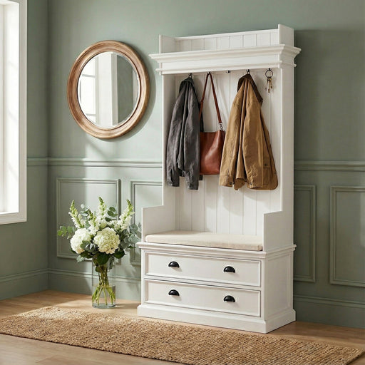 NovaSolo Halifax Entryway Coat Rack & Bench Unit White CA581