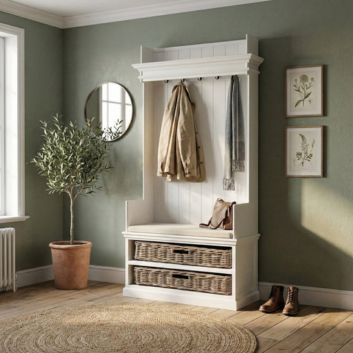 NovaSolo Halifax Entryway Coat Rack & Bench Unit with Basket White CA593