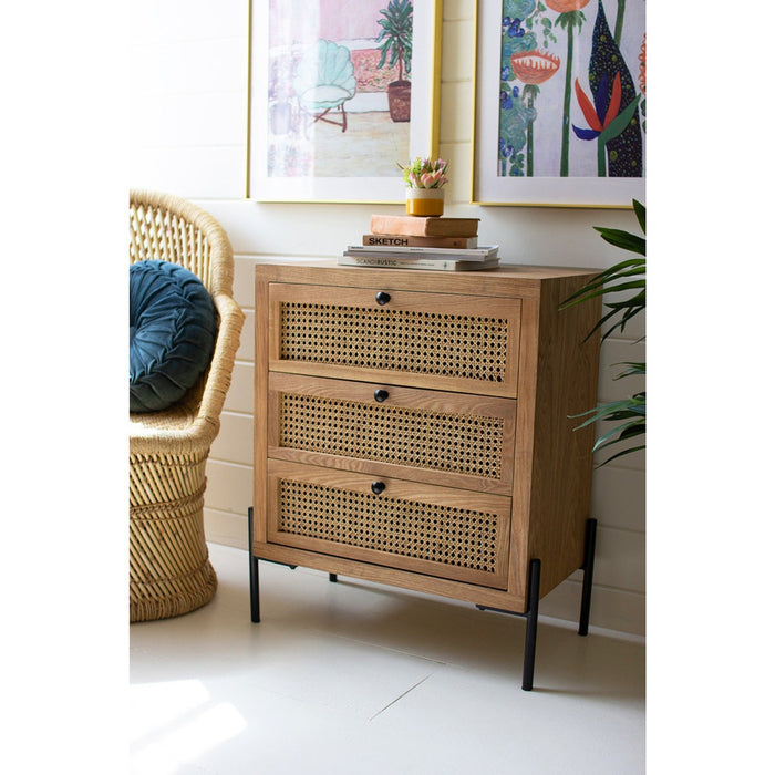 Kalalou Wooden Bedside Table With Three Woven Cane Drawers