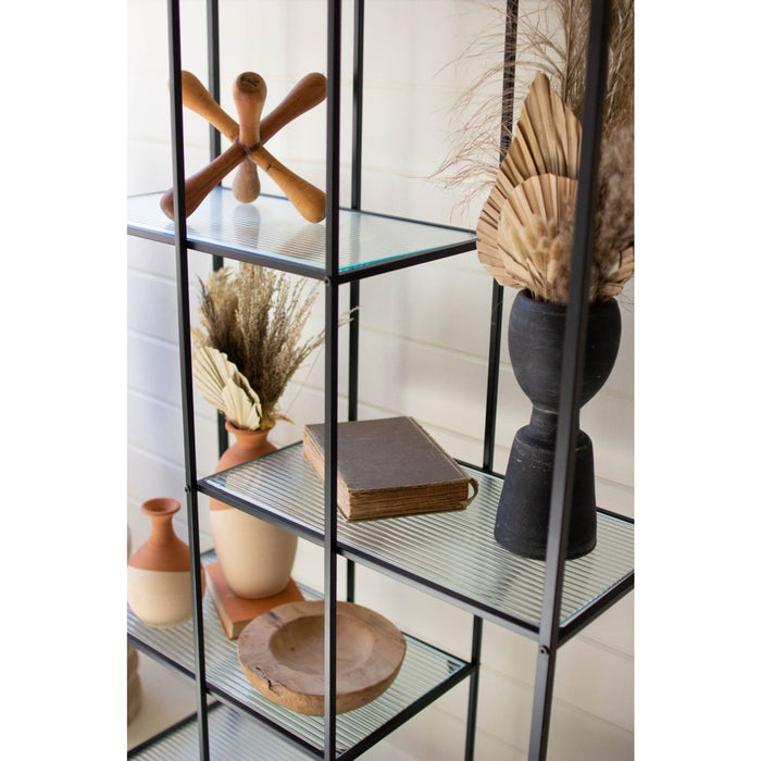 Kalalou Antique Black Metal Display Unit With Fluted Glass Shelves