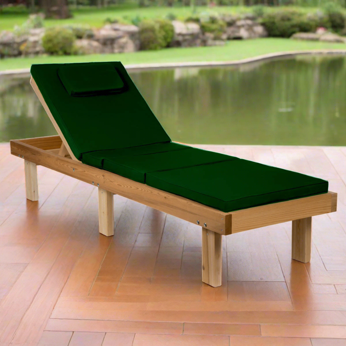 All Things Cedar Reclining Cedar Chaise Lounger with Green Cushion CL7 ...