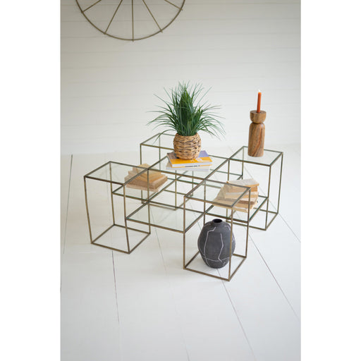 Kalalou Glass Antique Brass Cube Accent Table