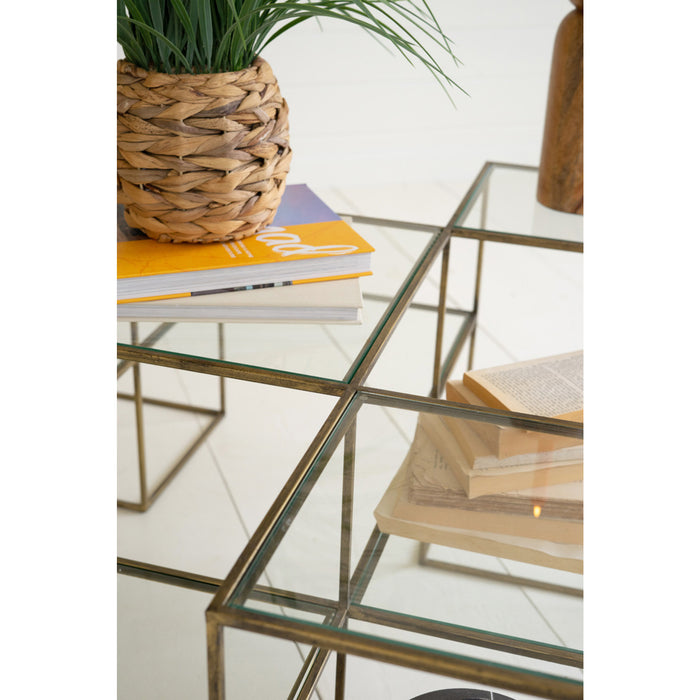 Kalalou Glass Antique Brass Cube Accent Table