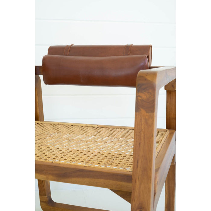 Kalalou Bent Teak Arm Chair With Woven Seat Leather Pad Back