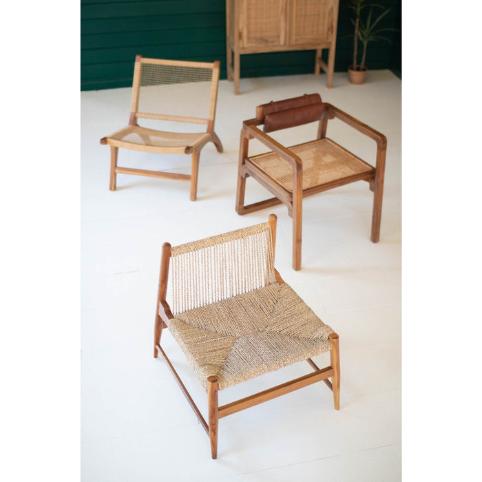 Kalalou Bent Teak Arm Chair With Woven Seat Leather Pad Back