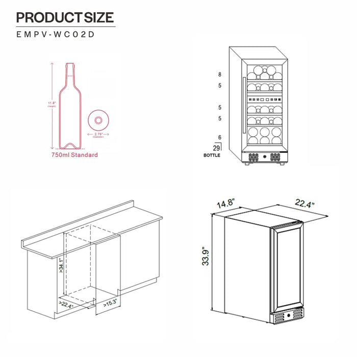 Empava 15 inch Dual Zone Wine Cooler Wine Fridge EMPV-WC02D