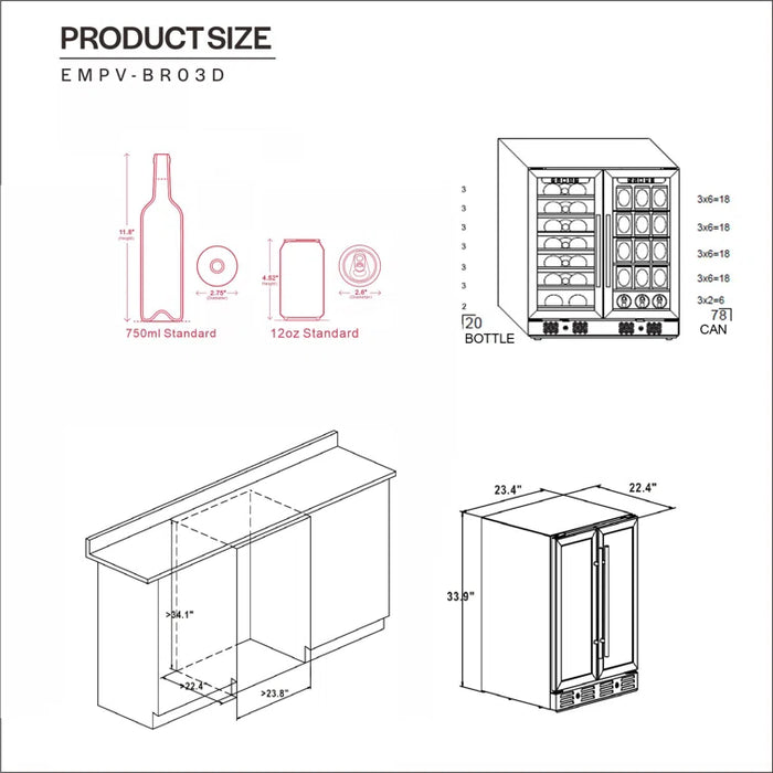 Empava 24 inch Dual Zone Wine Cooler & Beverage Fridge EMPV-BR03D