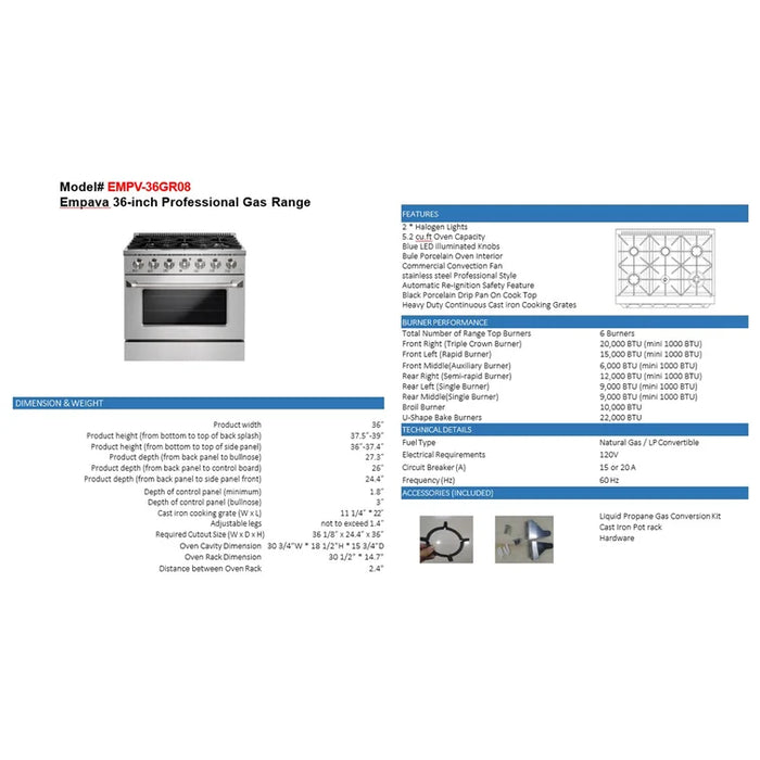 Empava 36 Inch Pro-Style Slide-In Single Oven Gas Range EMPV-36GR08