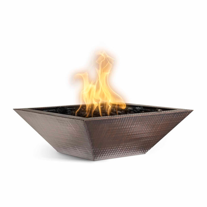 The Outdoor Plus 30" Maya Square Hammered Copper Fire Bowl | Match Lit