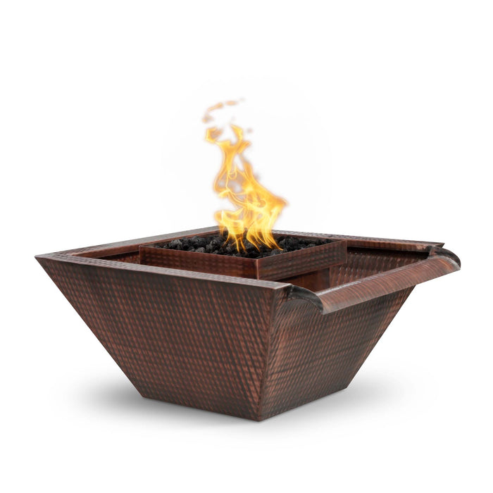 The Outdoor Plus 36" Maya Hammered Copper Fire & Water Bowl Wide Gravity Spill | Match Lit