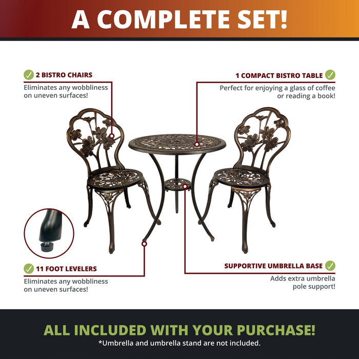 Hibiscus 3-Piece Outdoor Bistro Set for Patio, Antique Bronze