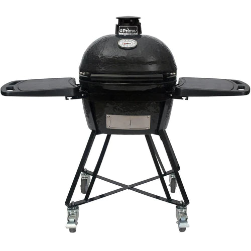 Primo All-In-One Oval Ceramic Kamado Grill With Cradle, Side Shelves, And Stainless Steel Grates - PGCXLC