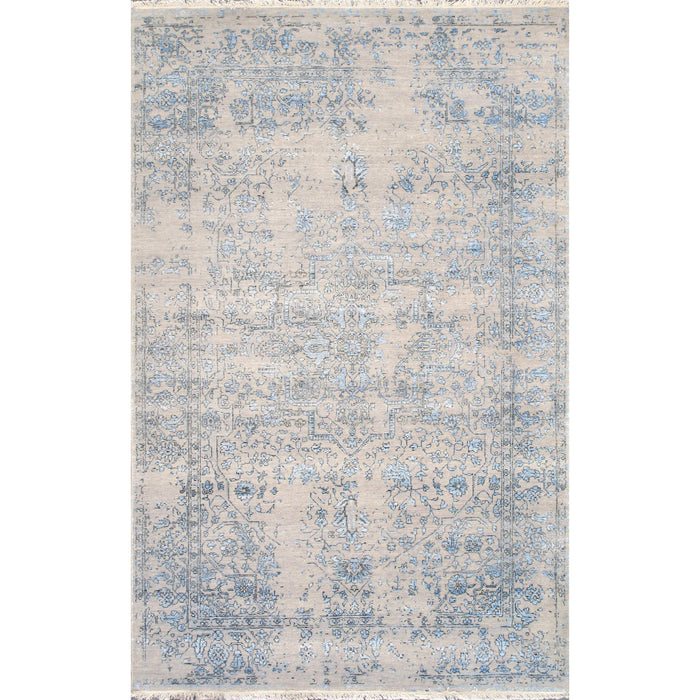 Pasargad Home Transitional Collection Hand Knotted Bsilk & Wool Area Rug, 5' 9" X 9' 0", Silver/L. Blue pdc-1866 6x9