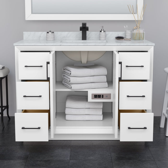 Wyndham Collection Strada 48 Inch Single Bathroom Vanity in White, White Carrara Marble Countertop, Undermount Square Sink