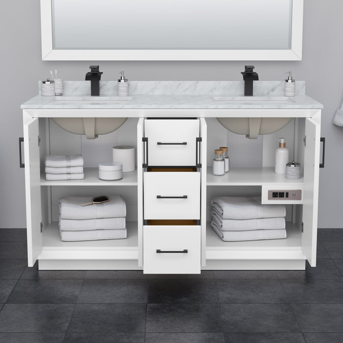 Wyndham Collection Strada 60 Inch Double Bathroom Vanity in White, Carrara Cultured Marble Countertop, Undermount Square Sink