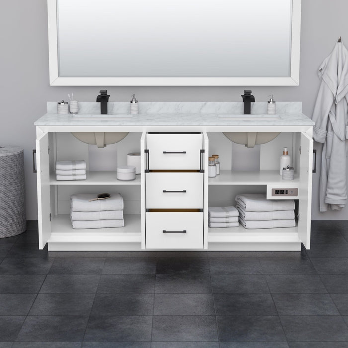 Wyndham Collection Strada 72 Inch Double Bathroom Vanity in White, White Carrara Marble Countertop, Undermount Square Sink