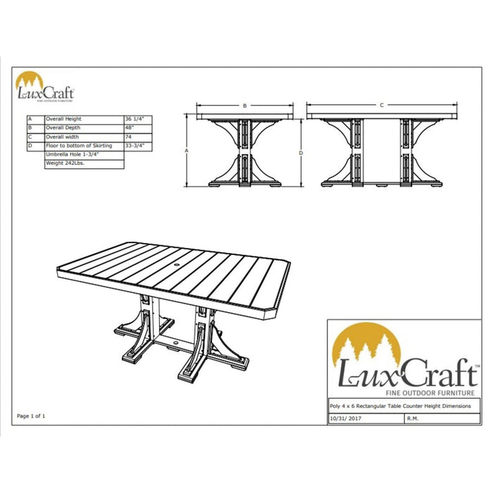 LuxCraft 4' x 6' Counter Height Rectangular Table
