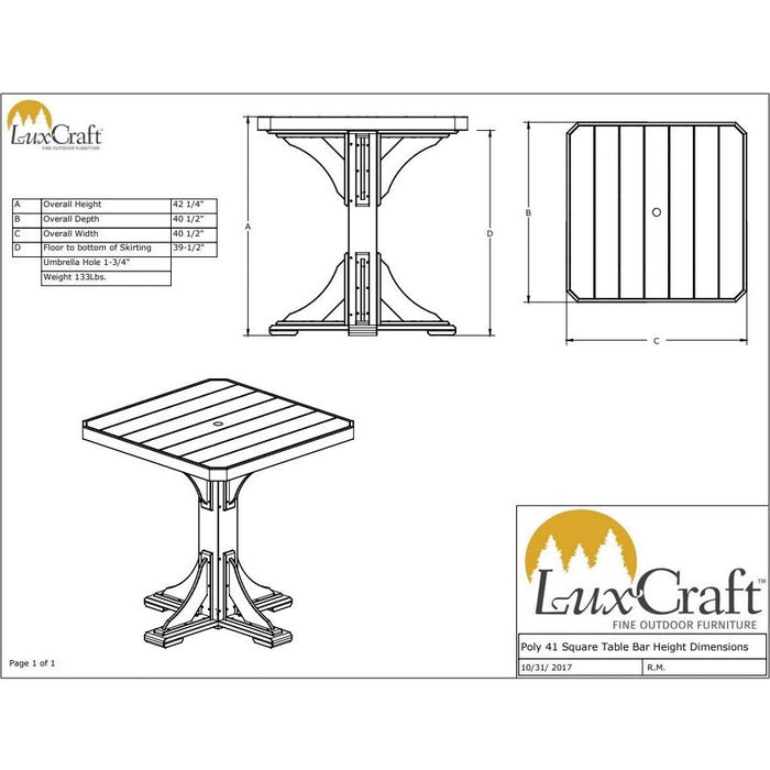 LuxCraft 41" Bar Height Square Table